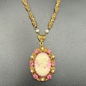 Vintage West Germany Pink Cameo Necklace Exceptional Brass Filigree 1960s
